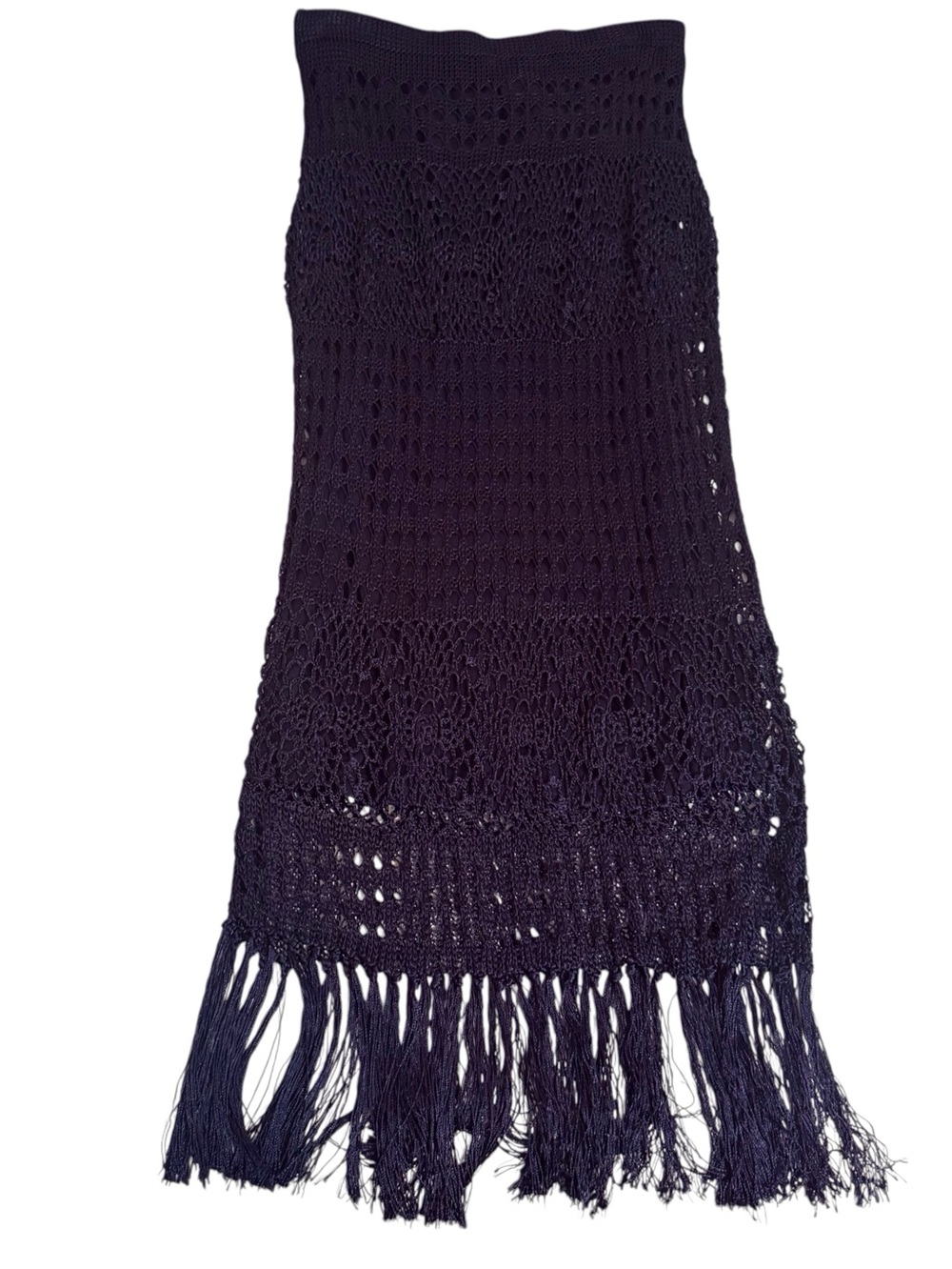 Chicos Size Small Navy Blue Crochet Skirt Boho Vacation Beach Maxi Length Fringe